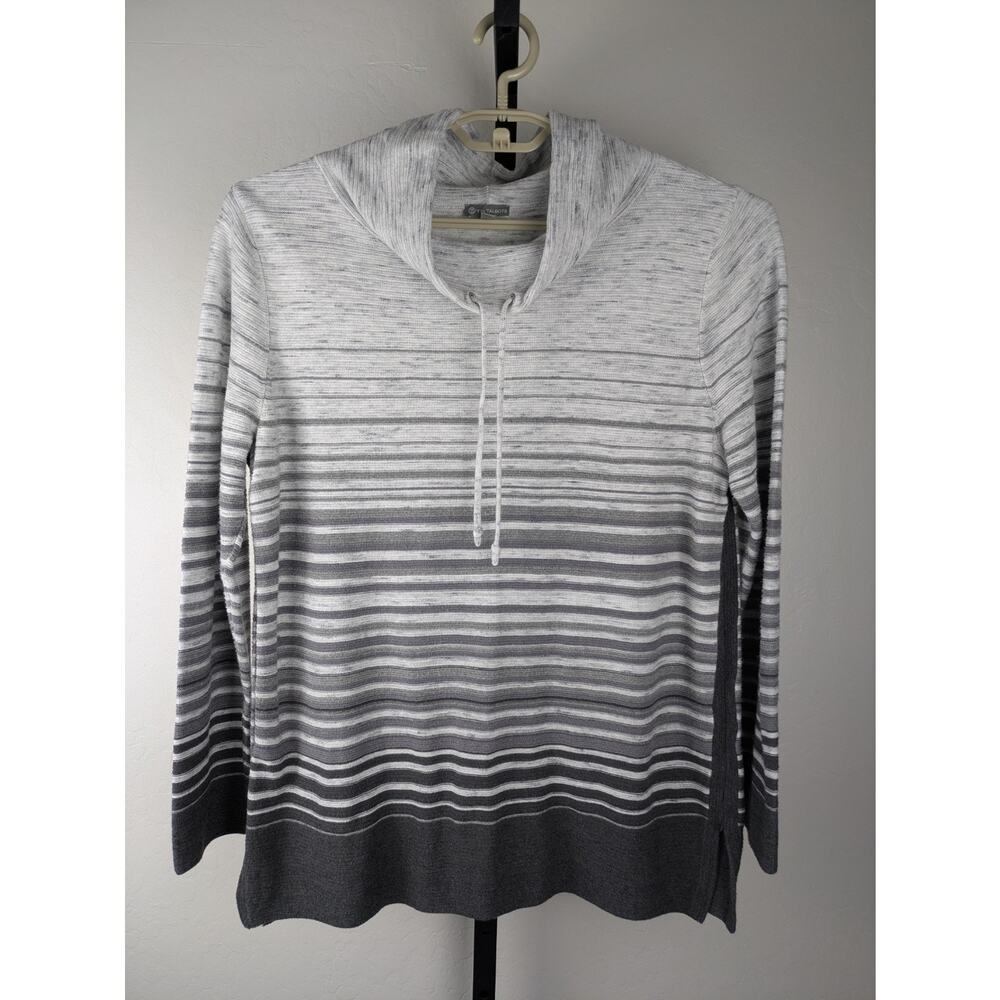 T by Talbots Drawstring Cowlneck Gray Ombré Stripe Top